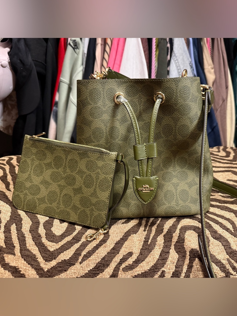 Coach Olive Green Signature Drawstring Bucket Bag with Pouch
